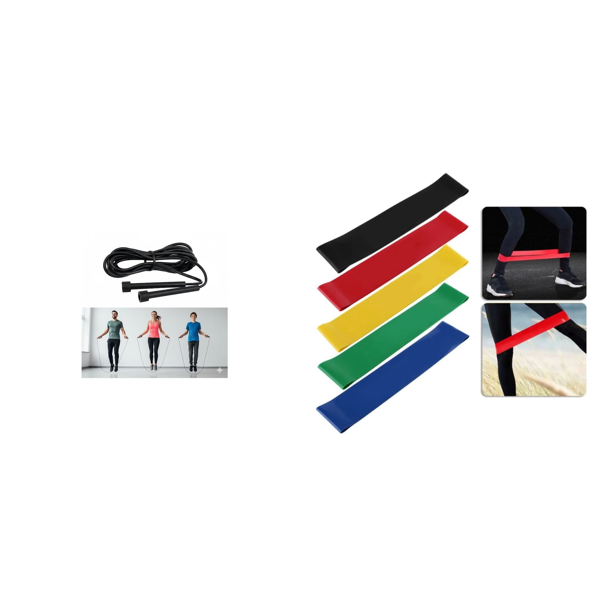 Kit Treino em Casa Com Corda de Pular De PVC Ajustável + 5 Faixas Fita Elástica Mini Band