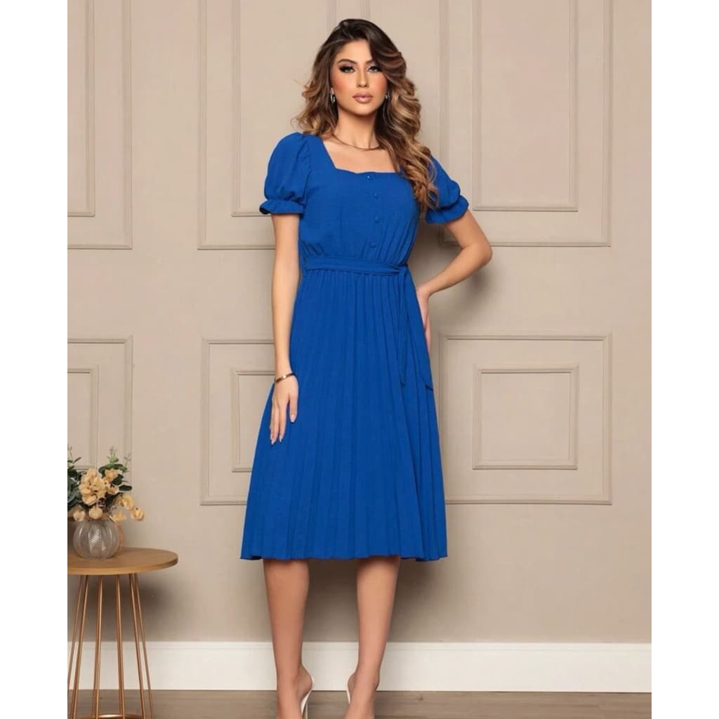 vestido plinssado \ manga bufante \ vestido midi\ REF-Dww95