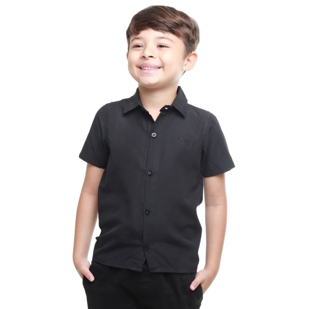Camisa Social Infantil Verão Branca Fechamento em botões e bordado no peito