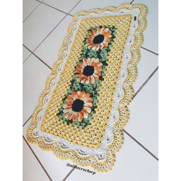 Tapete de Crochê Girassol Dupla Face - Tapete de Barbante Crochê Amarelo