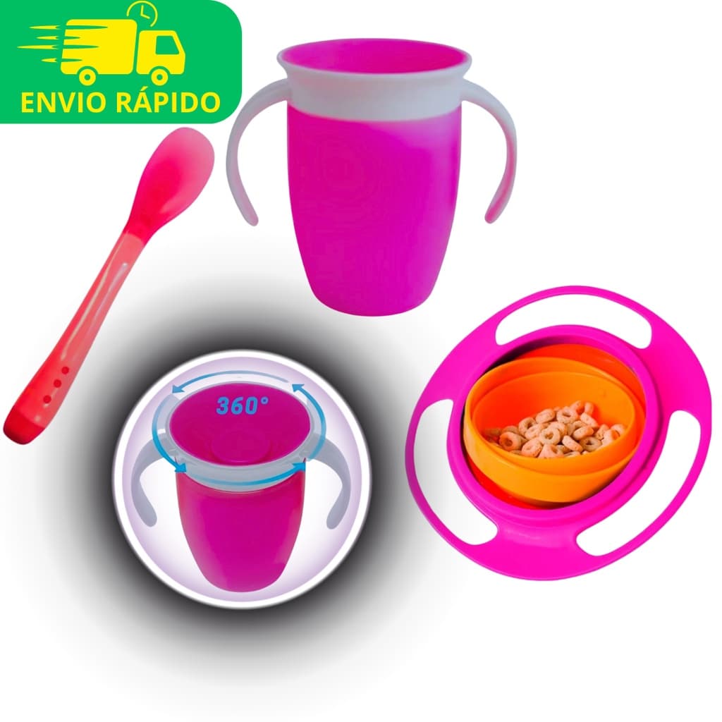 Kit Desenvolvimento Prato e Copo 360° Não Cai Água e Comida Colher Termosensivel Bebê Introdução Alimentar Livre de Bpa