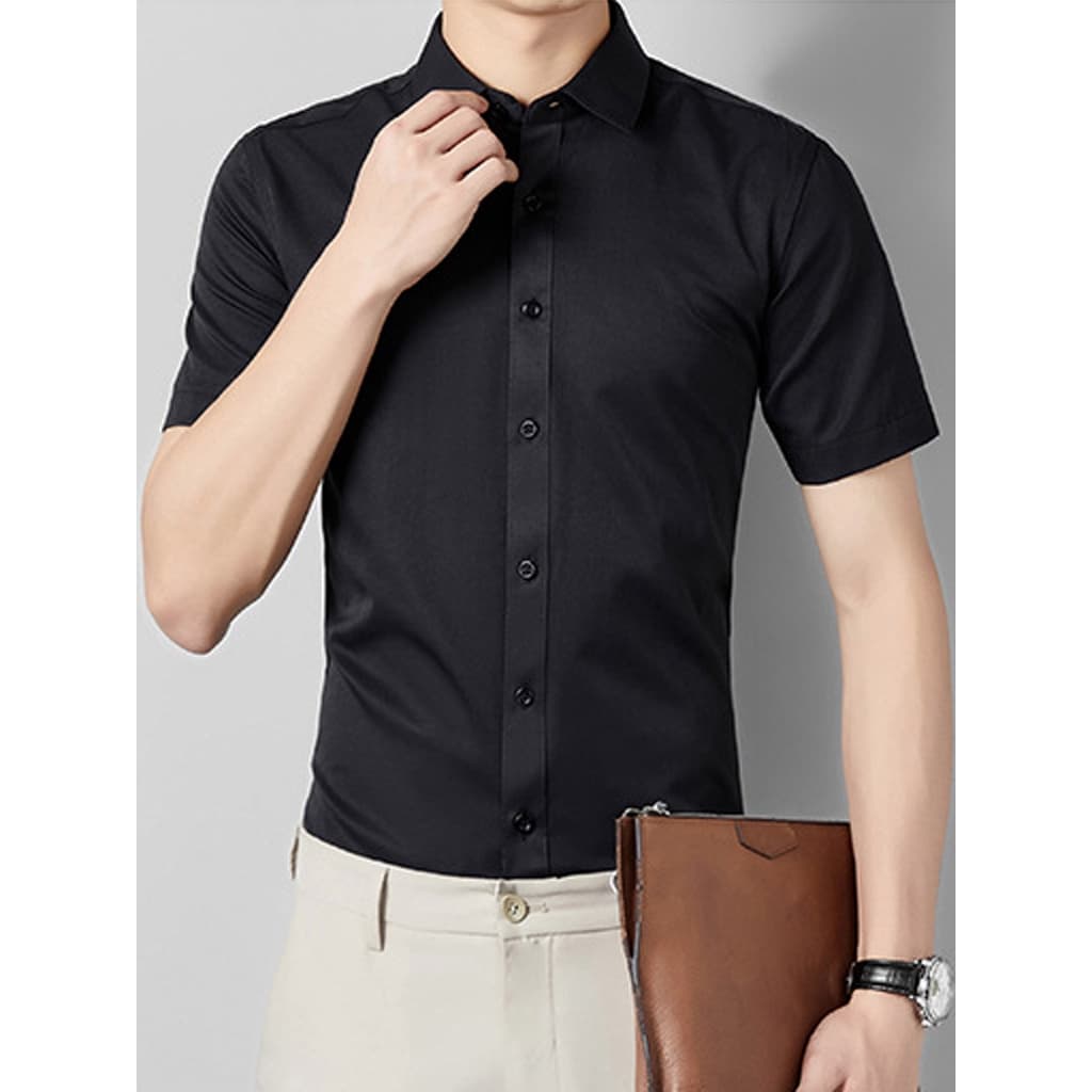 Camisa Social Masculino Manga Curta De Botão Lisa Tecido Clepinho