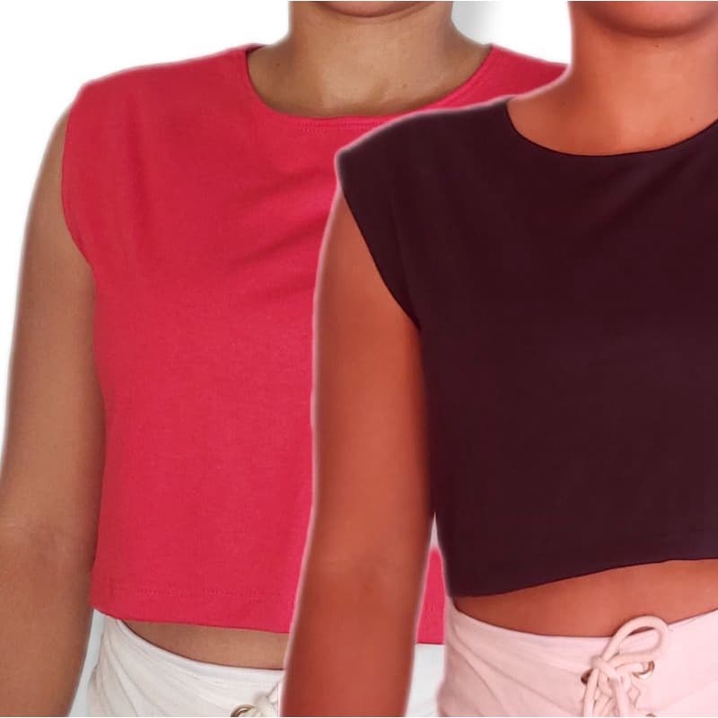 kit com 2  sendo 1 vermelho 1 preto  Cropped Feminino Regata Cavado Gola Redonda Tribo Livre