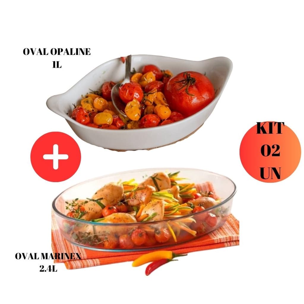 Kit 2 Assadeiras Oval Marinex + Opaline 2,4L + 1,0L Travessa Refratario Lasanheira Almoço Jantar Sobremesa Mesa Posta Buffet Vidro Nadir Figueiredo