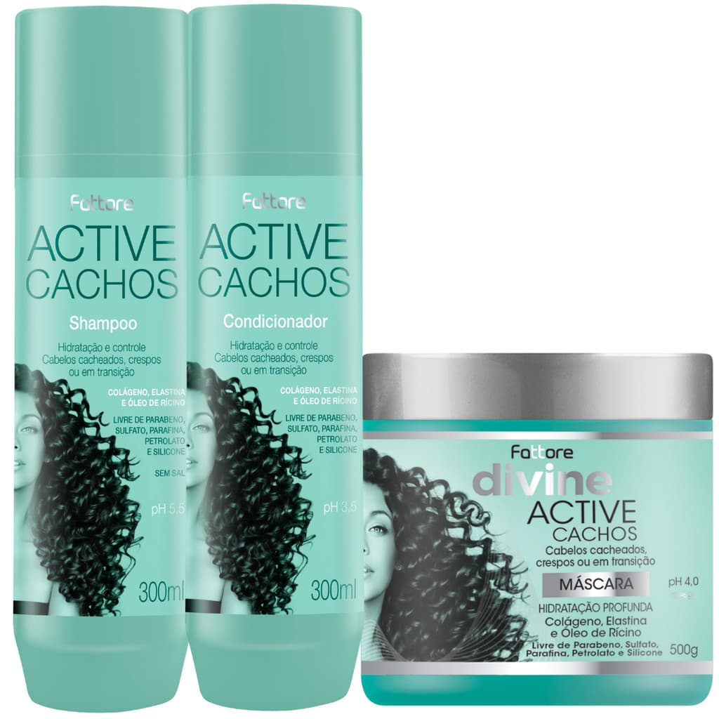 Kit Active Cachos Fattore 3 Itens Shampoo, Condicionador e Máscara