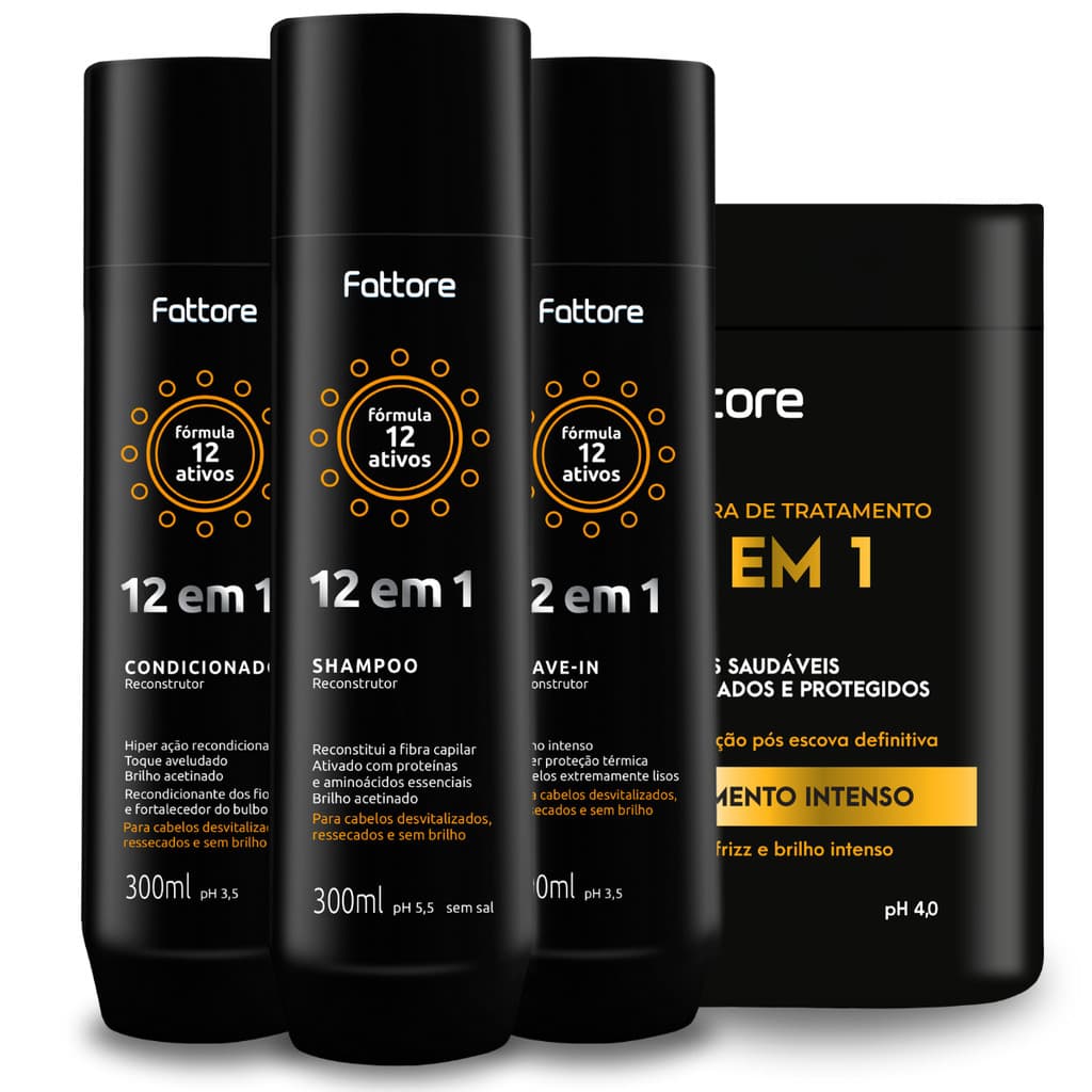 Kit 12 em 1 Fattore Shampoo, Leave-in, Condicionador 300ml e Máscara 1kg Fórmula 12 em 1
