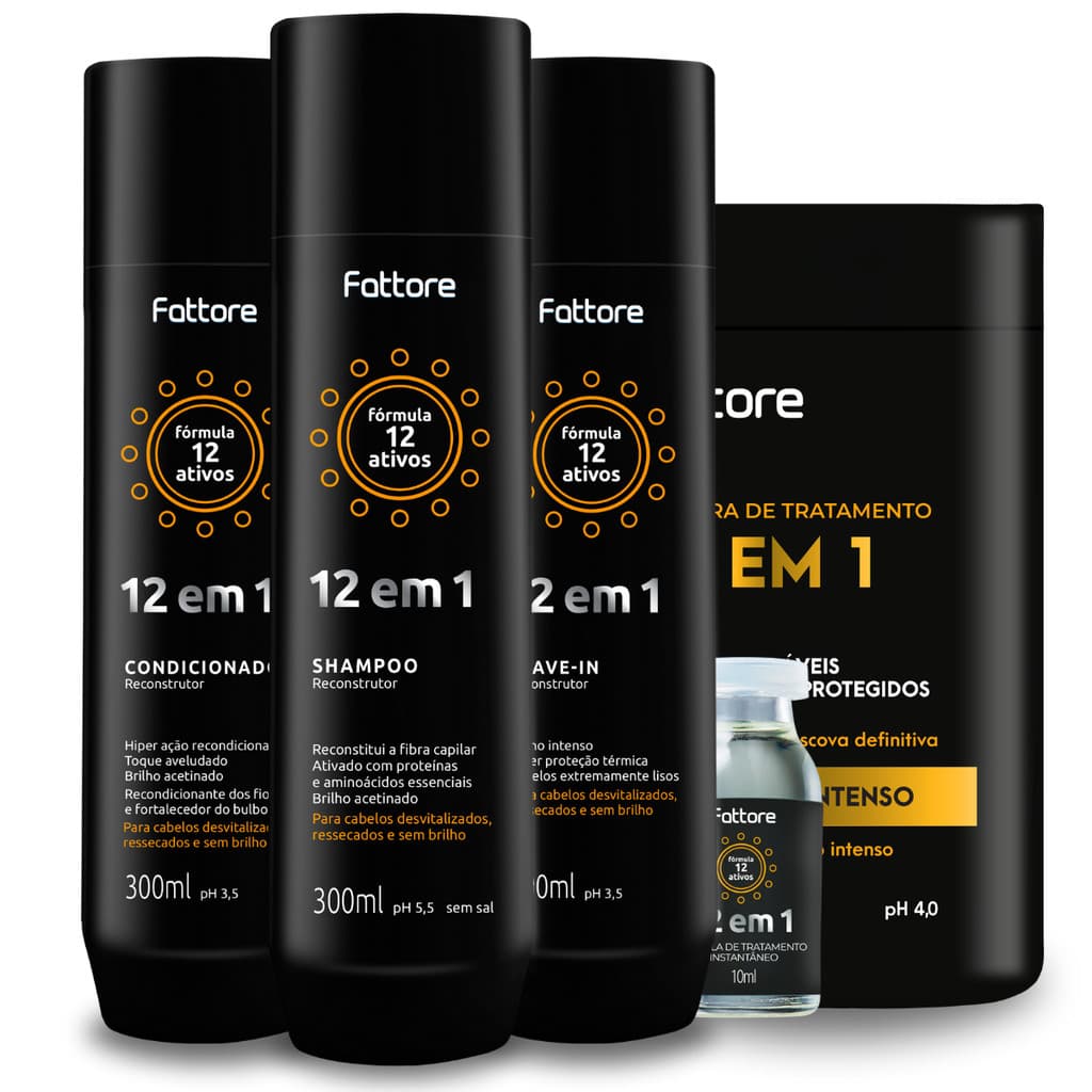 Kit 12 em 1 Fattore Completo 5 Itens Shampoo, Condicionador, Máscara 1Kg, Leave-in e Keratina