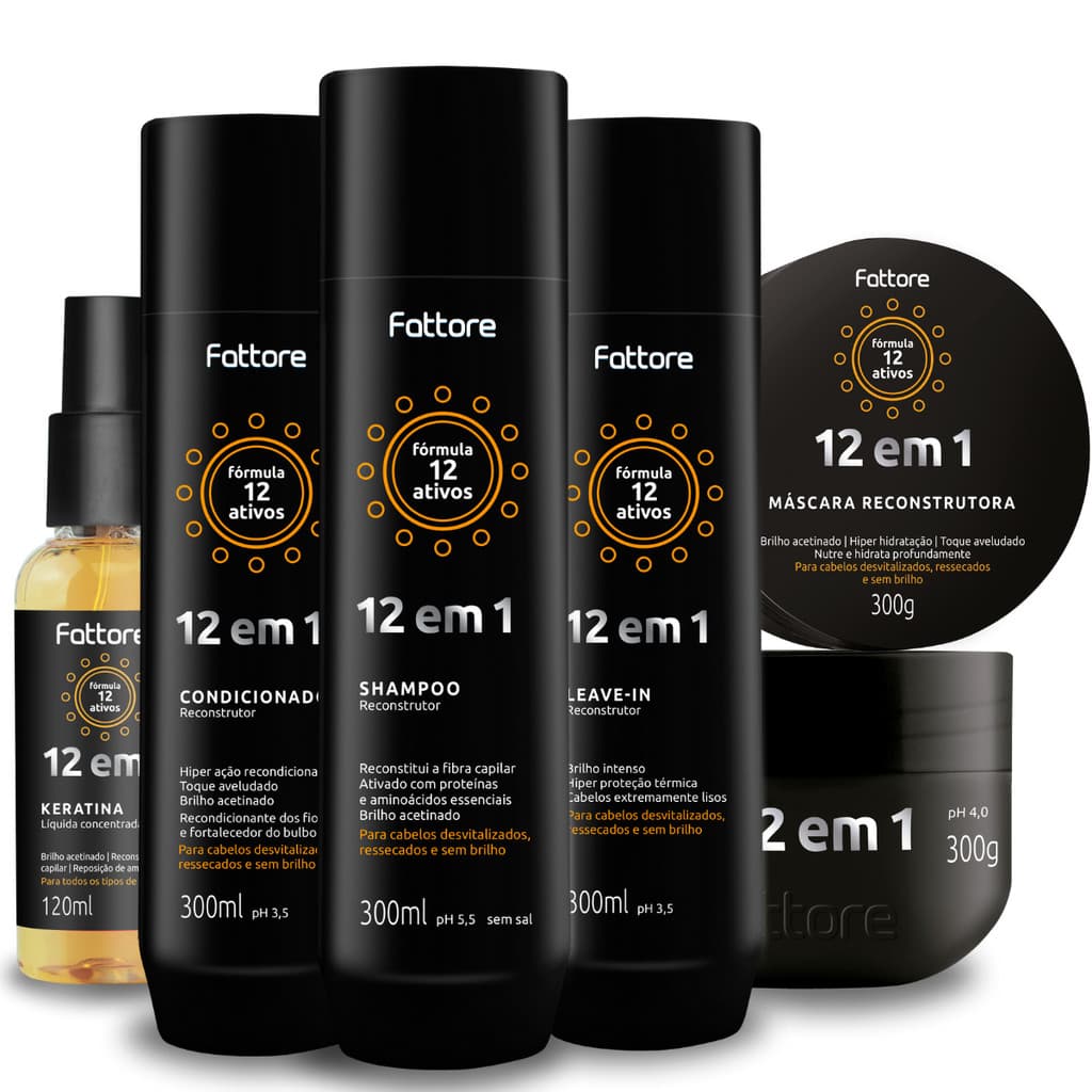 Kit 12 em 1 Fattore Completo 5 Itens Shampoo, Condicionador, Máscara, Leave-in e Keratina
