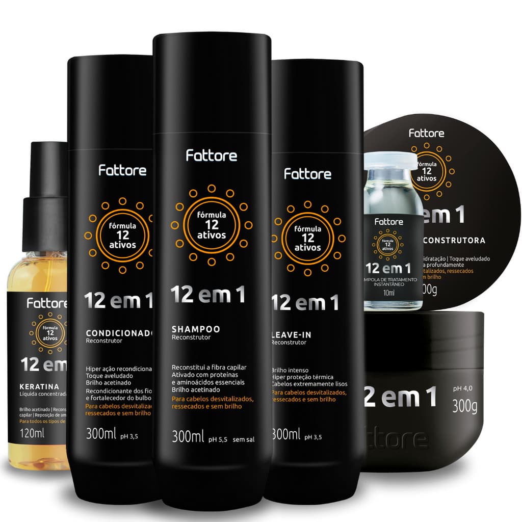 Kit 12 em 1 Fattore Completo 6 Itens Shampoo, Condicionador, Máscara Leave-in, Keratina e Ampola