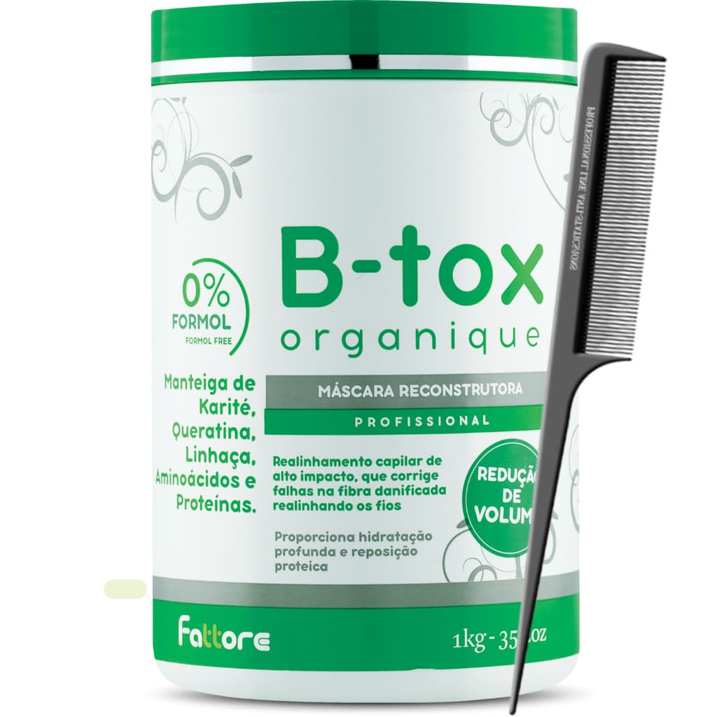 B-tox Orgânico Fattore 1kg Profissional Alto Impacto + Pente Comare Stilo 180º Antiestatico Santa Clara Ref 2243