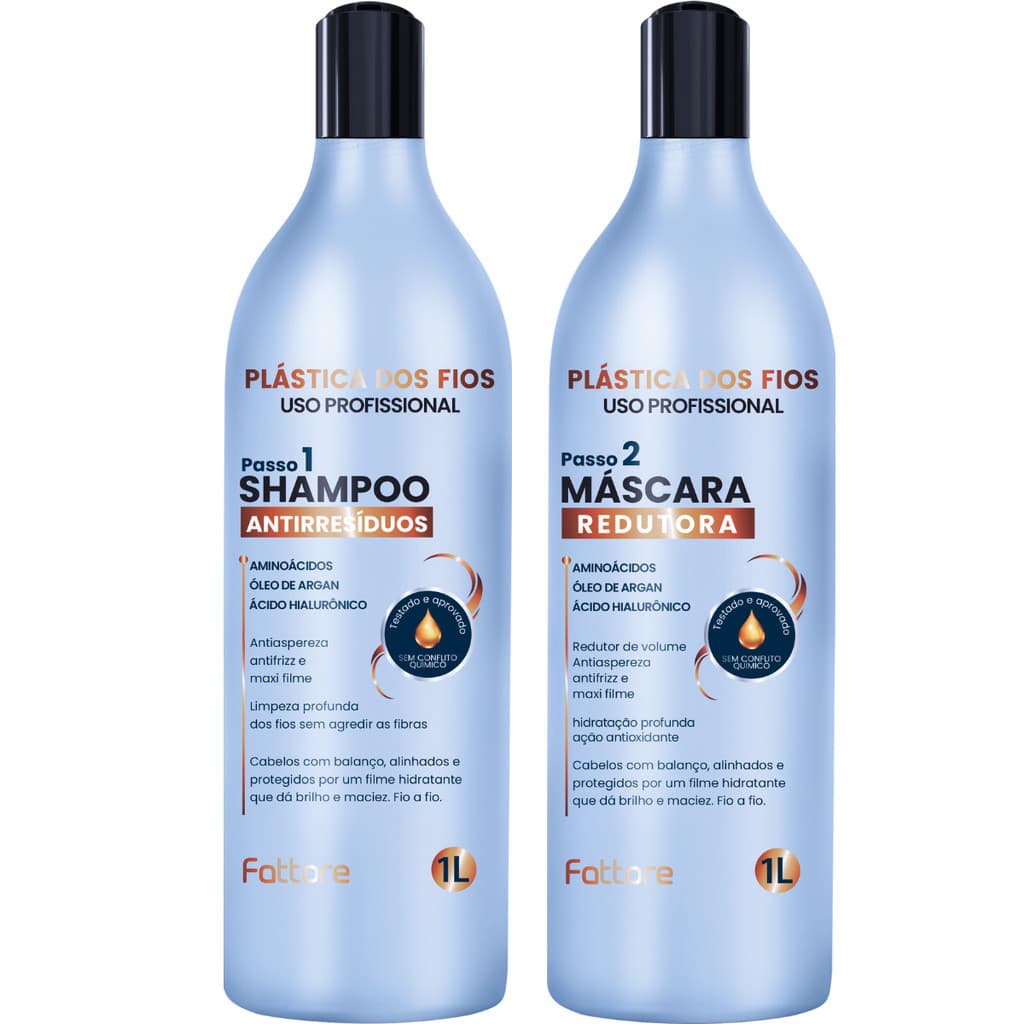 Kit Shampoo e Máscara Plástica dos Fios Fattore 1L Uso Profissional