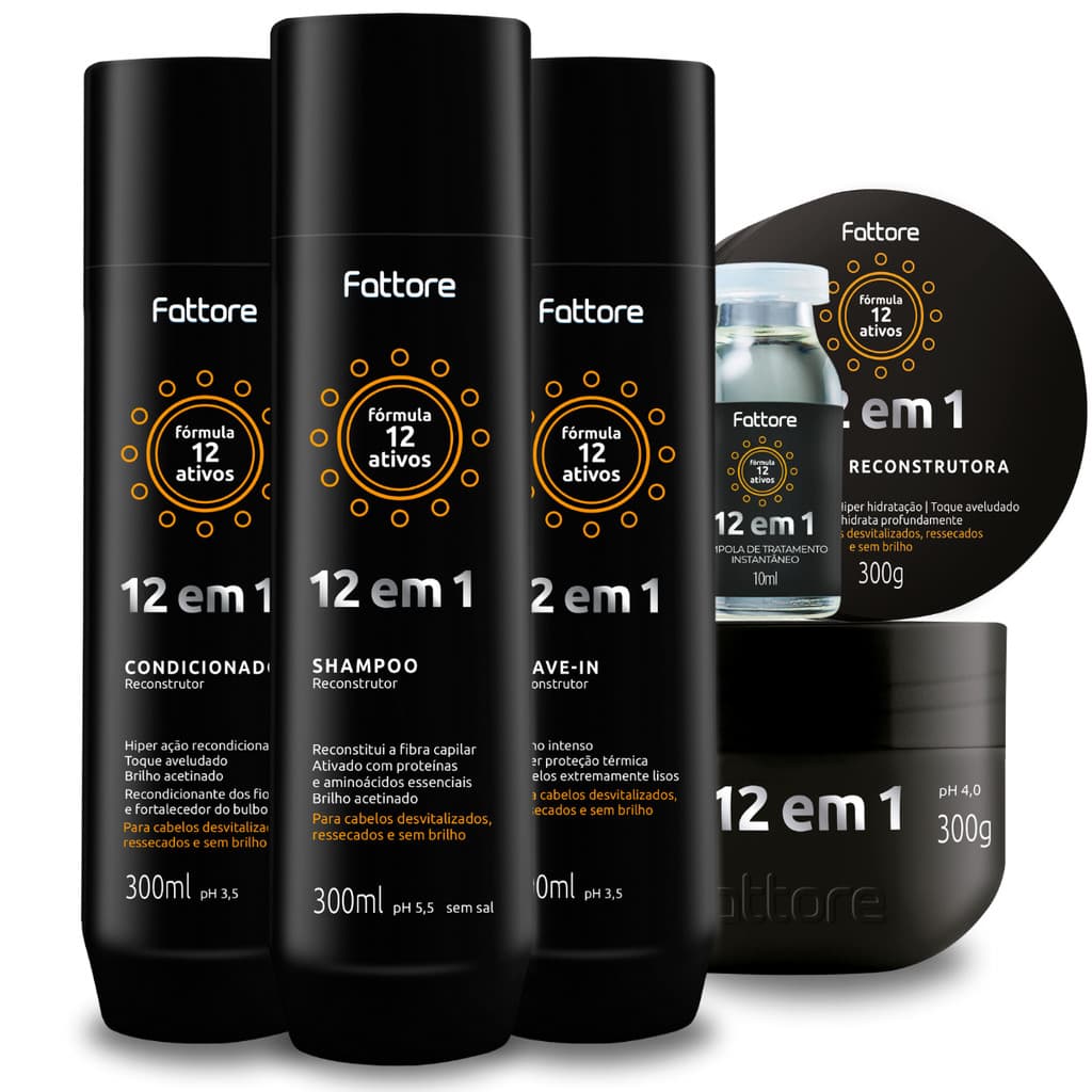 Kit 12 em 1 Fattore 5 Itens Shampoo, Máscara, Condicionador, Leave-in e Ampola