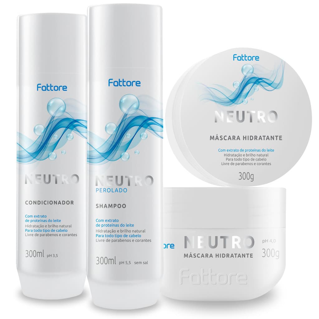 Kit Neutro Perolado Fattore - Shampoo, Condicionador, Máscara (300ml cada) Livre de Parabenos e Corantes