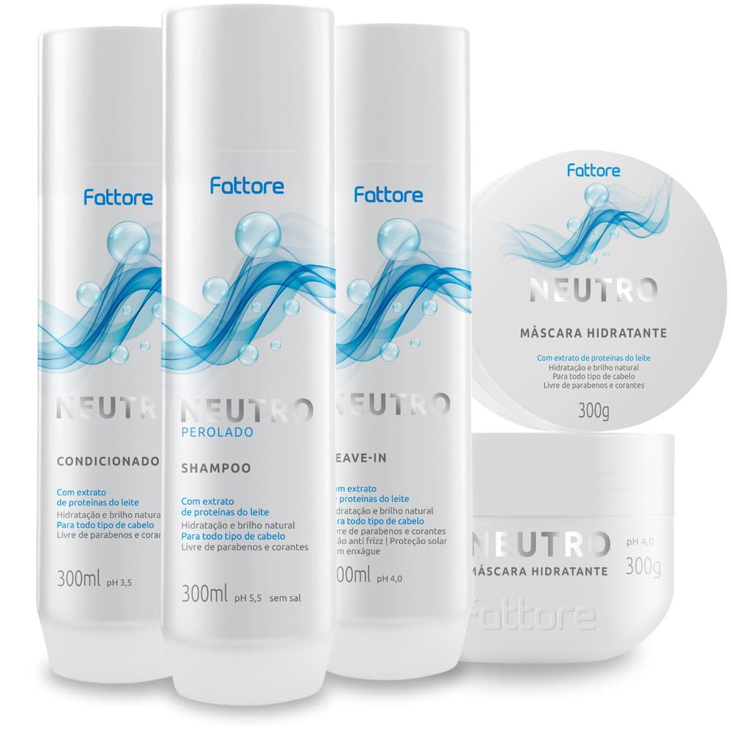 Kit Neutro Perolado Fattore - Shampoo, Condicionador, Máscara, Leave-In (300ml) Livre de Parabenos e Corantes