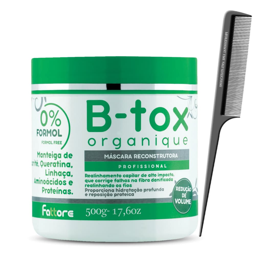 Kit B-tox Orgânico Fattore 500g e Pente Comare Stilo 180º Antiestatico Santa Clara Linha Profissional Ref.2243