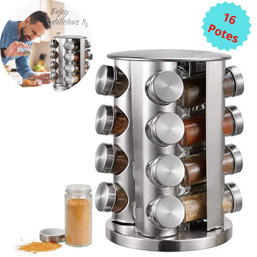 Porta Temperos Torre Inox Com 16 Potes Giratório Prático Organizador Condimentos