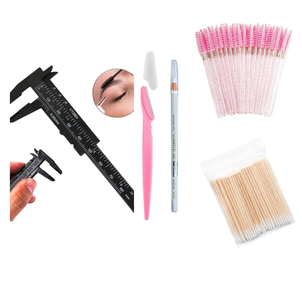Kit Design de Sobrancelhas Completo p/ Iniciantes – Moldes + Paquímetro + Lápis Branco + Escova