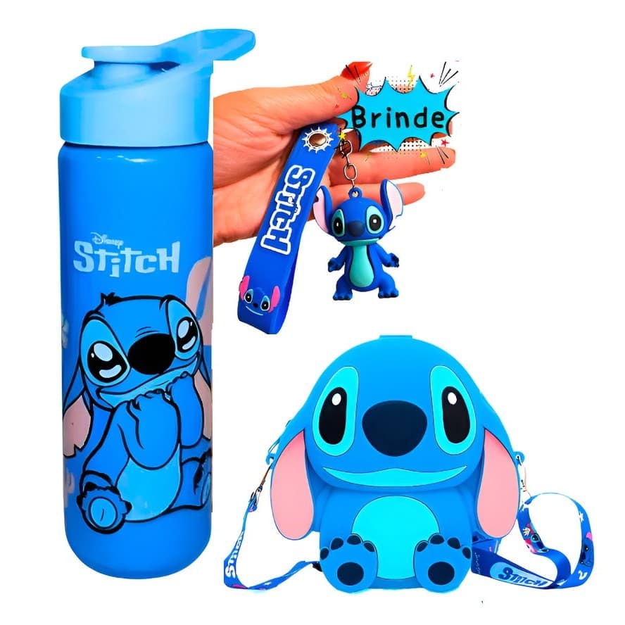 Kit Garrafa Stitch Bolsa Stitch Silicone Azul Rosa Pequena Mini Bolsa tiracolo Lilo Stitch Novo Presente Squeeze Stitch