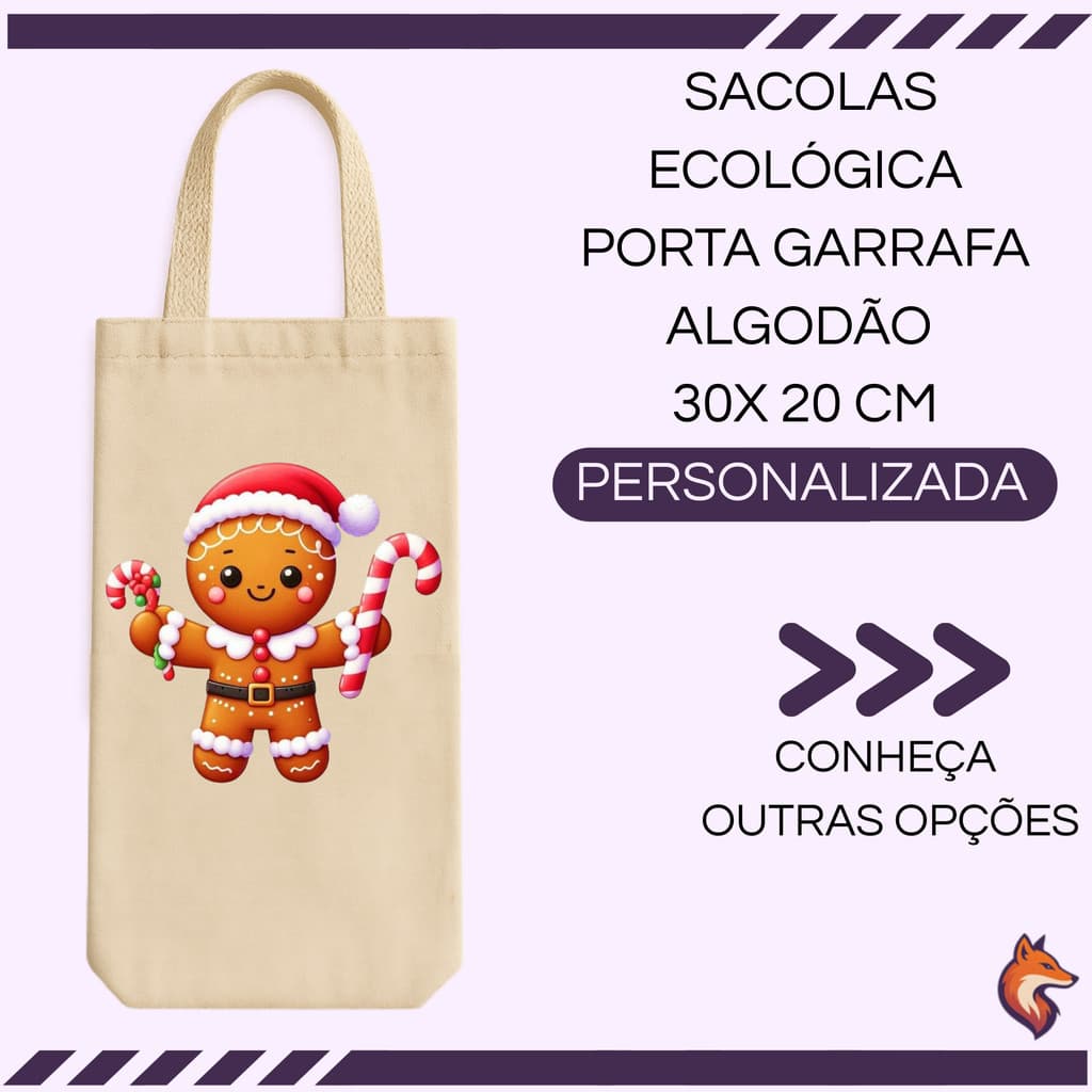 SACOLA ECOLOGICA 100% ALGODÃO CRU PORTA GARRAFA PERSONALIZADA ESTAMPA EM DTF NATAL E ANO NOVO