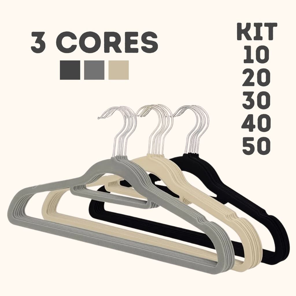 Kit 50 Cabides de Veludo Antideslizante Cabide Ultra Fino Slim para Roupas Cinza Bege Preto