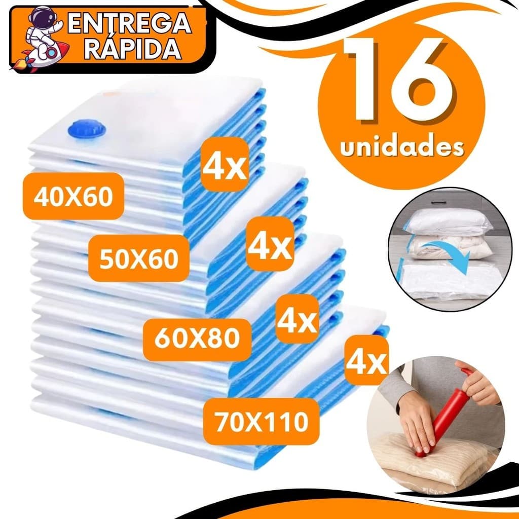 KIT JOGO 16 Saco a Vácuo  + Bomba Manual Organização de Roupa Edredons Toalha Mala Viagem Guarda Roupas Embalar Compacto