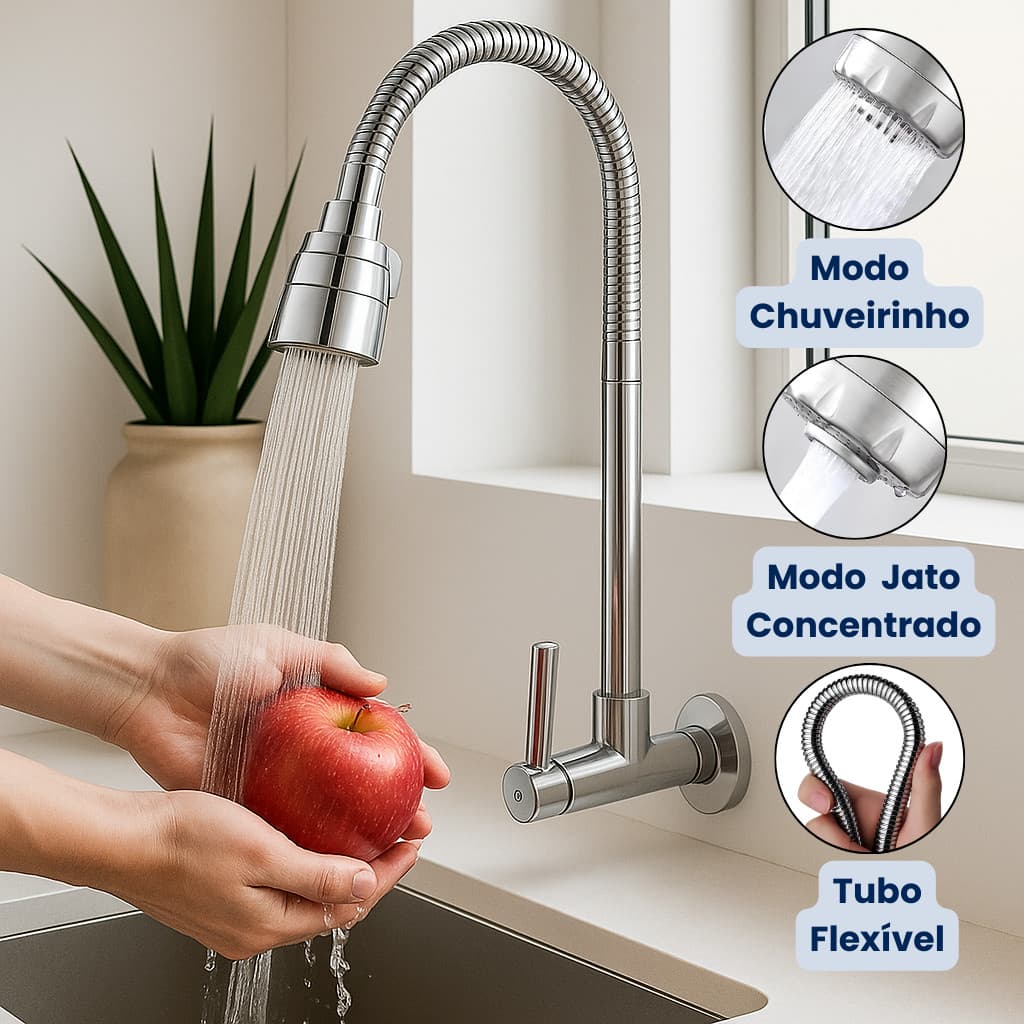 Torneira Cozinha Parede chuveirinho flexível 2 Jatos e 1/4 de Volta