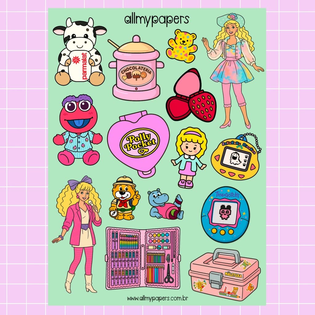 Cartela de Adesivos para Planner Bujo Journal Scrapbook Kindle - All My Papers Infância Anos 90 Brinquedos antigos