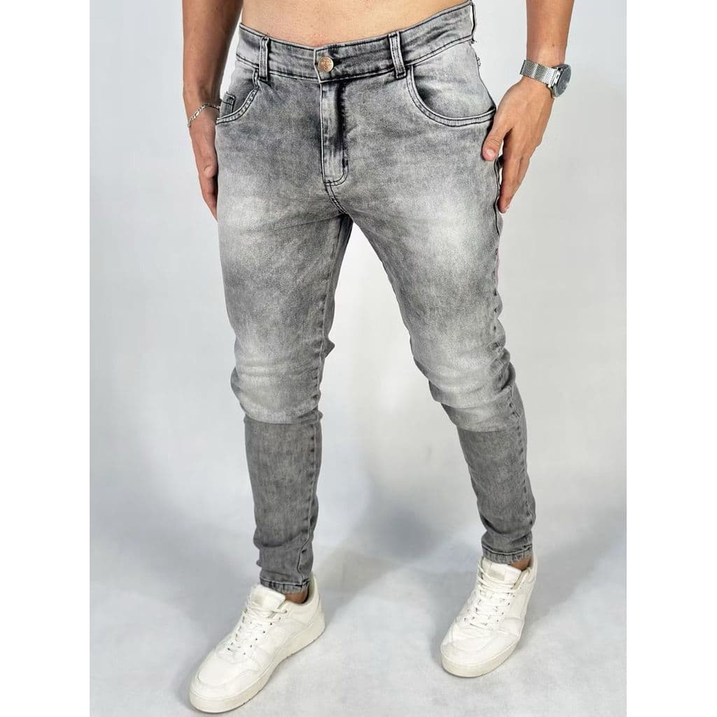 Jeans Masculino Skinny Elástico Cinza Marmorizado – Lavagem Estilo Grafite