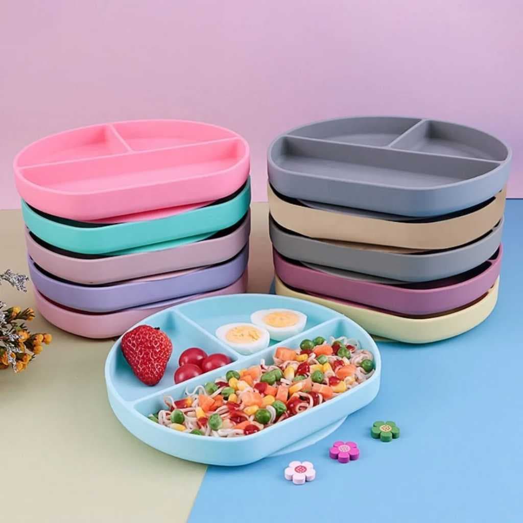 Prato Infantil com Divisória e Ventosa – Silicone Alimentar, Várias Cores Introdução Alimentar