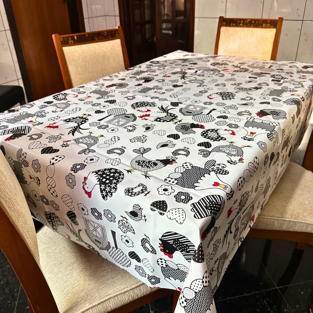 Toalha Mesa Térmica Impermeável Galinhas Branco 2/4/6/8 Lugares Metragem