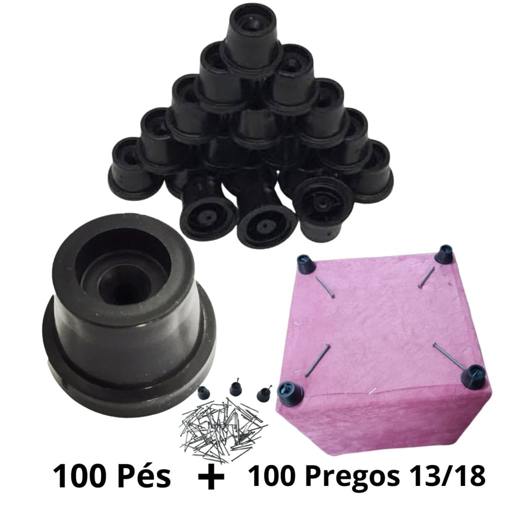 Kit 100 Pezinho Pe Plástico + 100 Pregos 13/18 Para Móveis Puffs Pufe Sapateira Armários Sofá