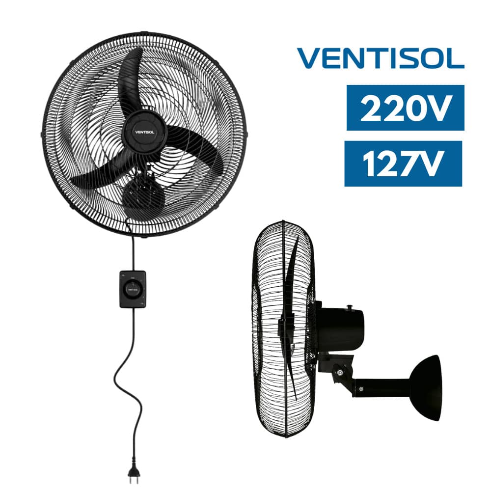 Ventilador de Parede Oscilante New 50cm Preto 3 Pás Ventisol Ar Fresco Motor Potente Silencioso Mercado Acade