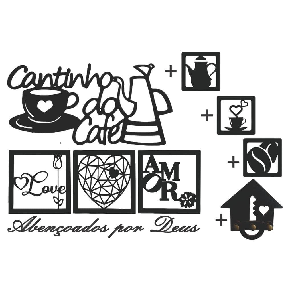 Kit Placas Decorativas + frase Cantinho do Café + Abençoados por Deus + Porta Chaves em MDF