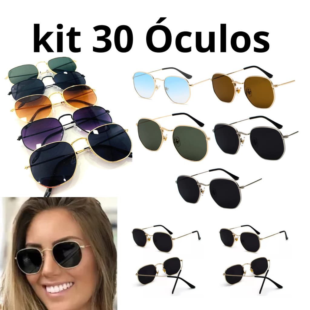 Kit 30 Oculos de Sol Hexagonal Moda Pra Masculinos E Femininos Atacado