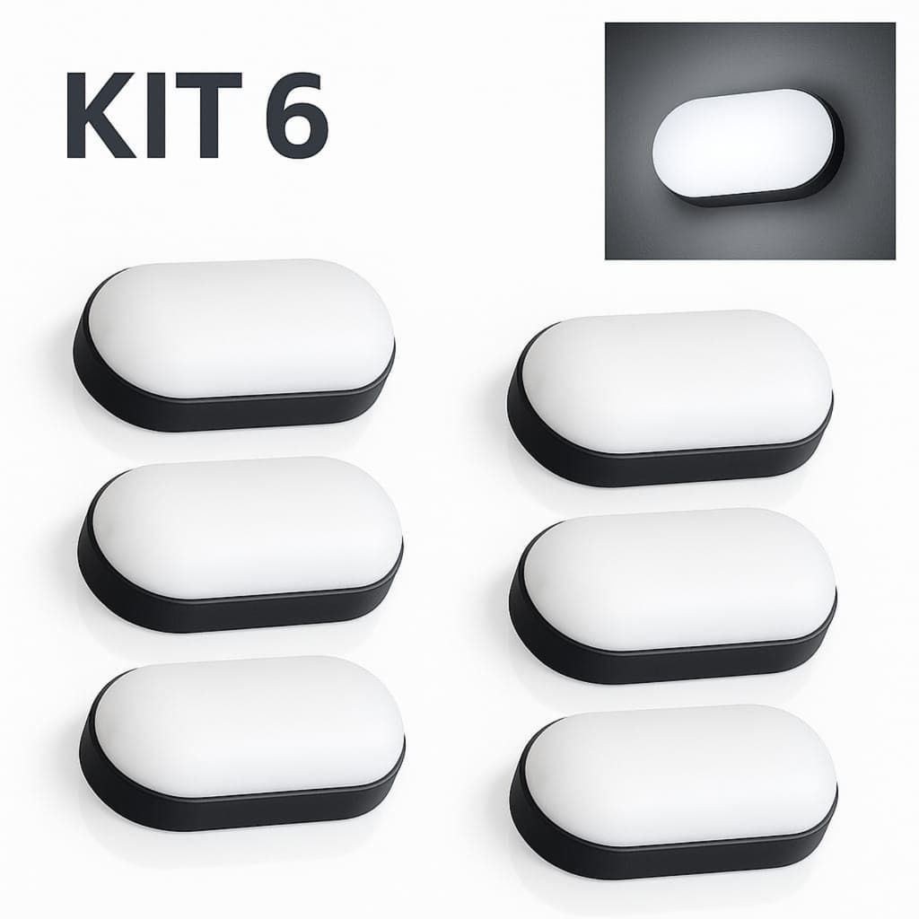 Kit 6  Luminária Tartaruga LED Preta - Bivolt 127/220 IP65 10W/20W Branco Frio Externa Parede Jardim