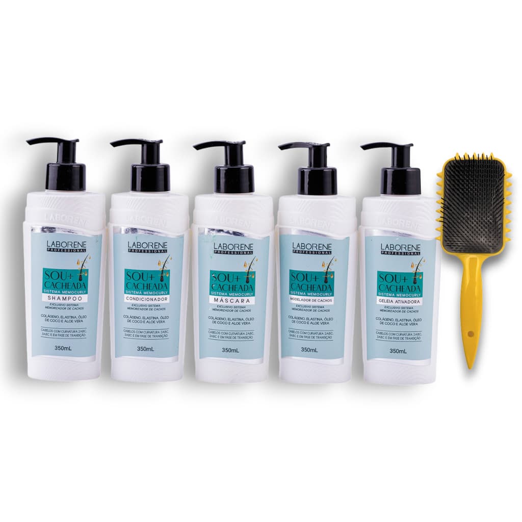 Kit Profissional 350ml Sou+Cacheada Shampoo, Condicionador, Máscara, Modelador e Geleia Ativadora + Escova - Laborene