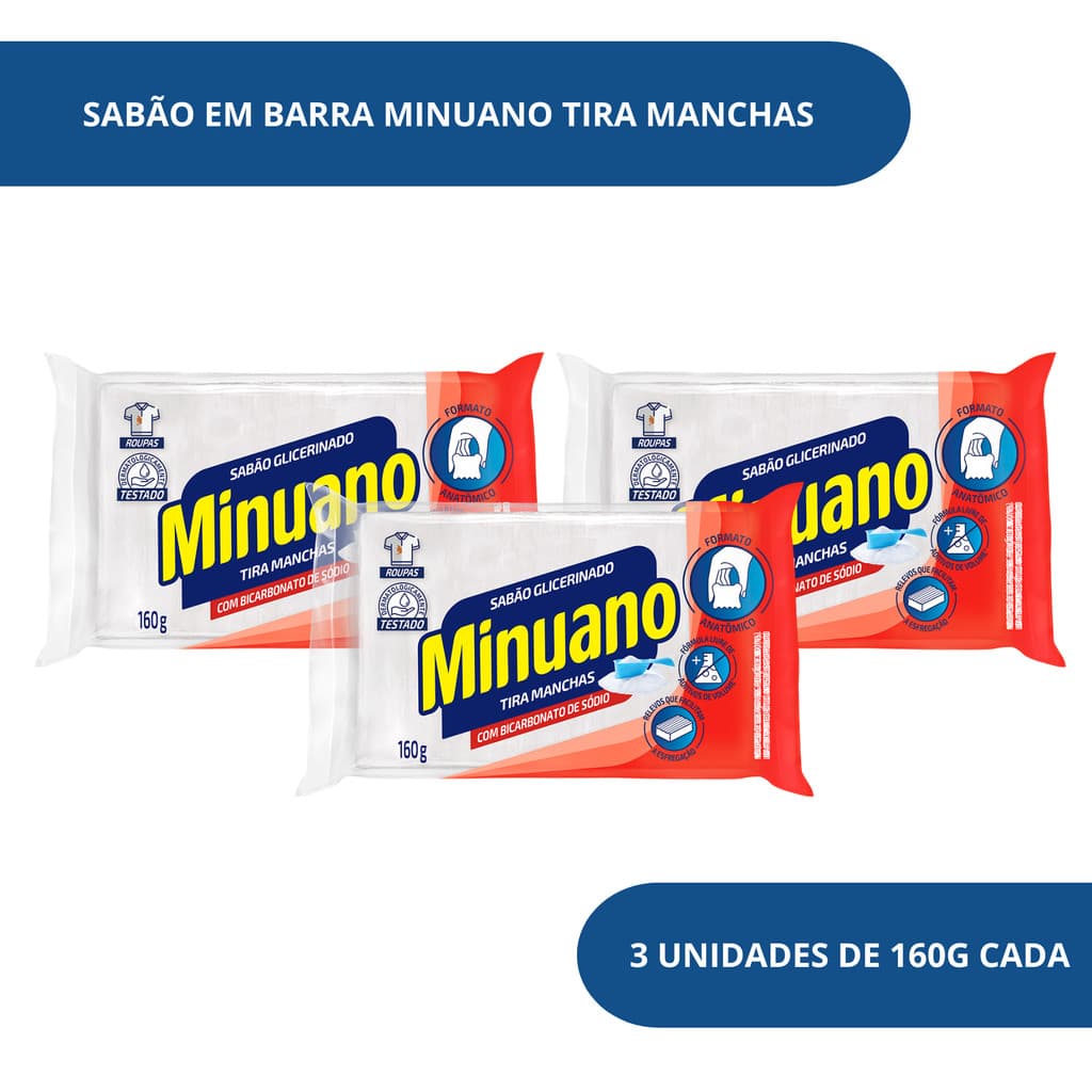 Kit com  3 Sabão em Barra Tira Manchas Minuano 160g