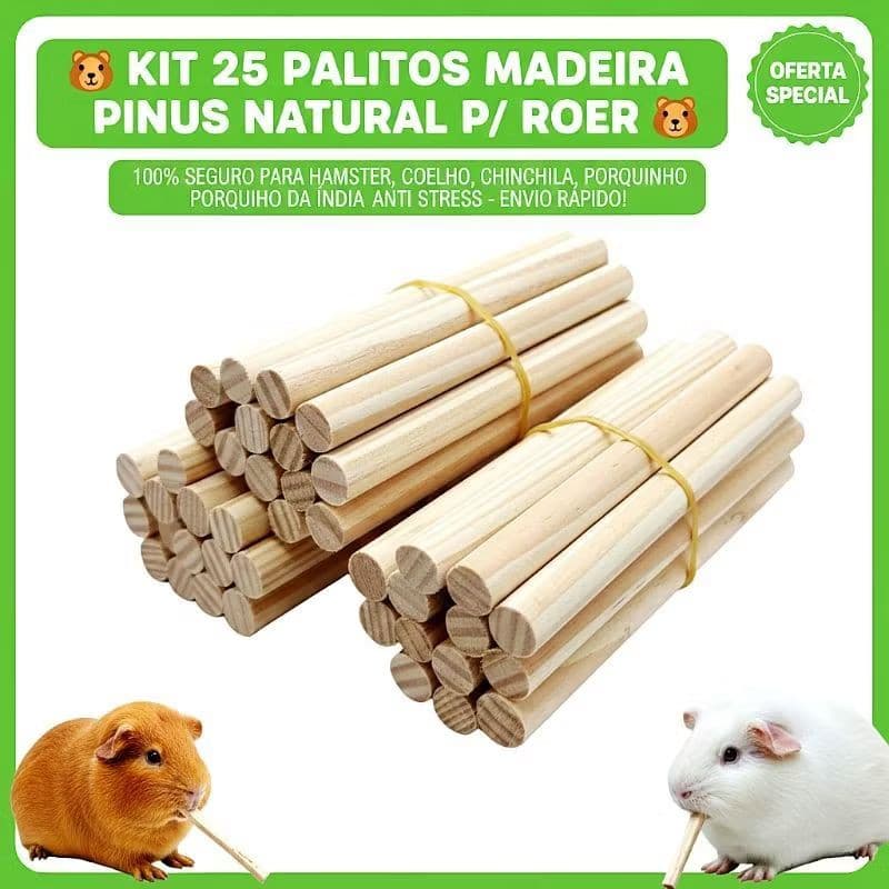 ​Kit 25 Palitos Madeira Pinus Natural P/ Roer Hamster Coelho Brinquedo Anti Stress