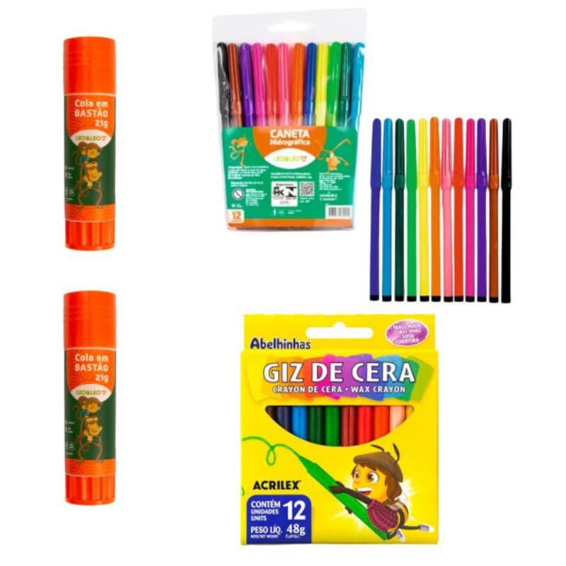 Kit Escolar e escritório 4 Peças Canetas 12 Cores Leo&Leo + 12 Giz Cera Acrilex + 2 Colas bastão