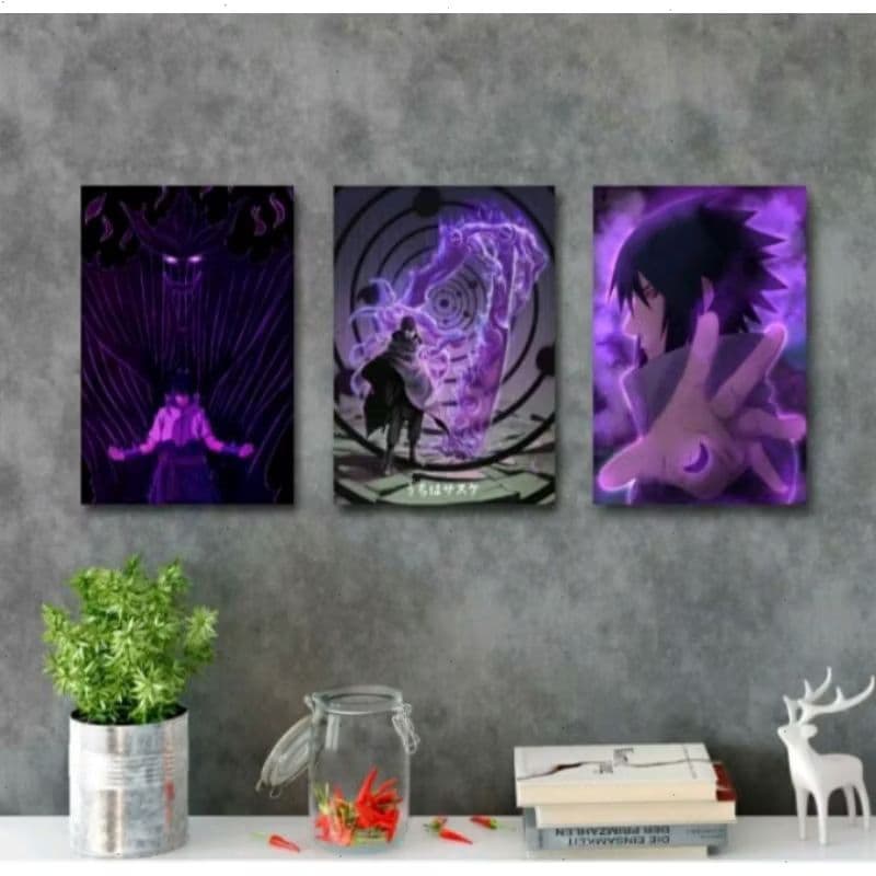 Kit 3 Quadros Decorativos Anime Sasuke Uchiha 40x60cm MDF - H.E.P Decore