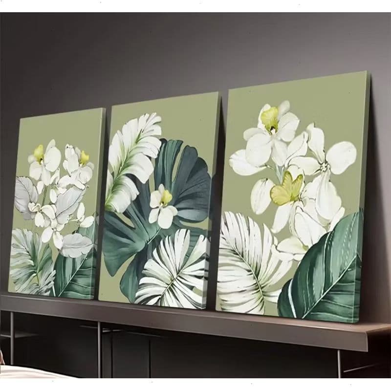 Conjunto de Quadros Flores Brancas e Folhas Verdes Premium 40x60