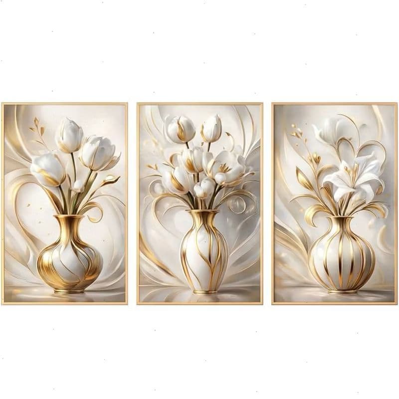 Kit 3 Quadros Decorativos Vasos de Ouro e Flores Brancas 40x60cm MDF 3mm