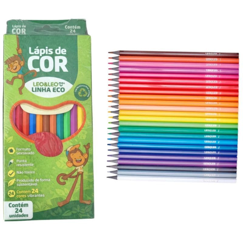 Lápis de Cor 24 Cores Vibrantes Leo&Leo Eco Ponta Resistente Não Tóxico Sextavado