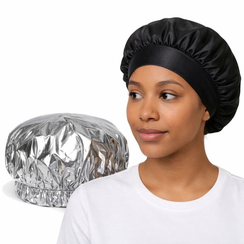 Kit Cronograma Capilar Touca Metalizada Térmica + Touca Cetim Antifrizz Faixa