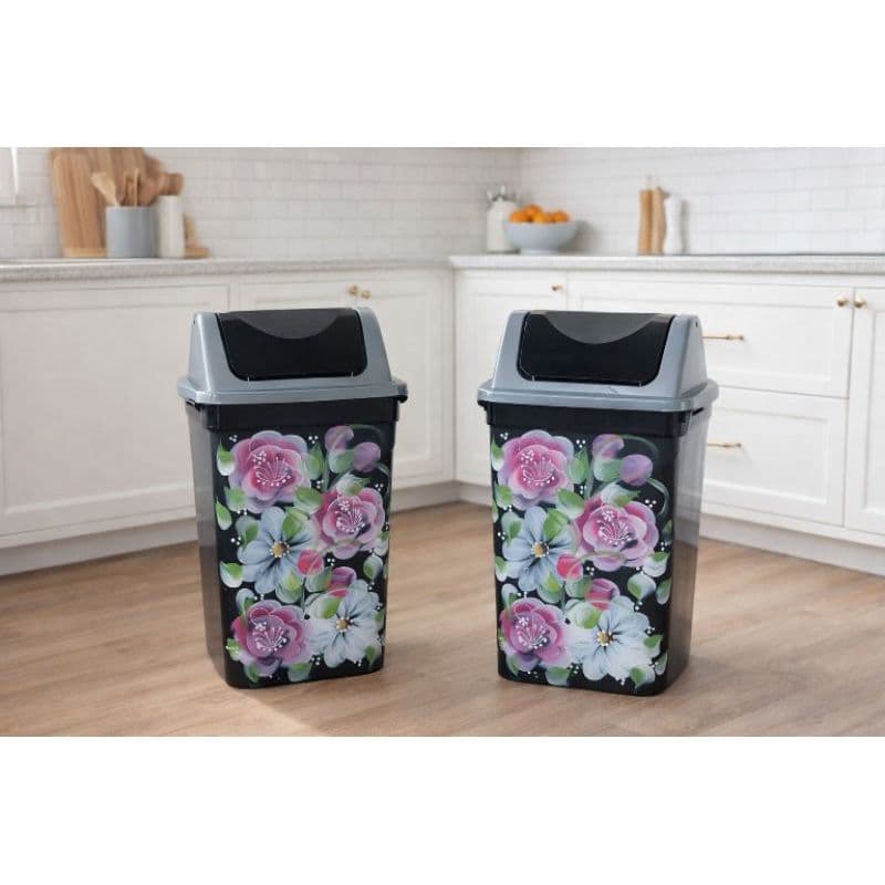 Lixeira Decorada Pintada à Mão Floral – Lixeira de Cozinha Plástica com Tampa Basculante 15 l