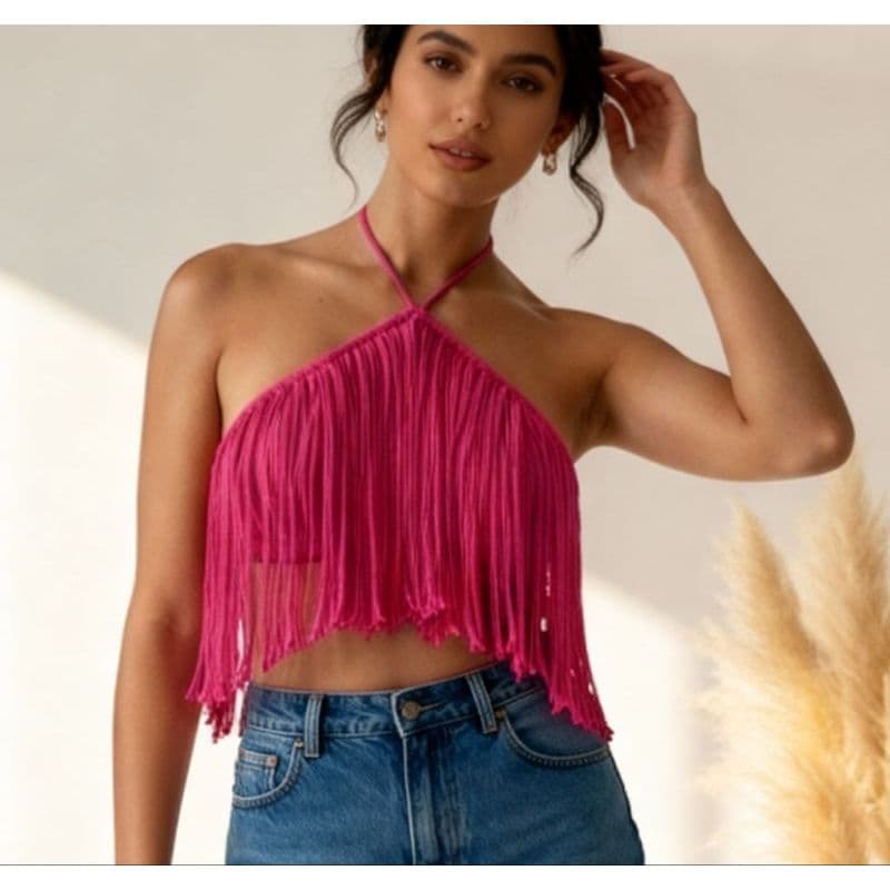Cropeed Franja Carnaval, Cropeed Macramê, Blusa Moda Praia, Moda Carnaval