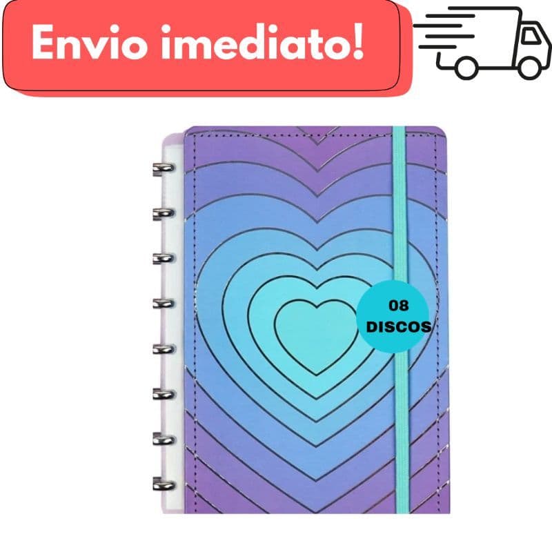 Caderno Inteligente A5 - 8 Discos, 80 folhas Pautadas, Capa Costurada - Coleção coração Holográfico ou Color Candy