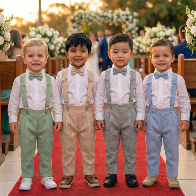 Conjunto Batizado Pajem Manga Longa Calça e Suspensório Completo