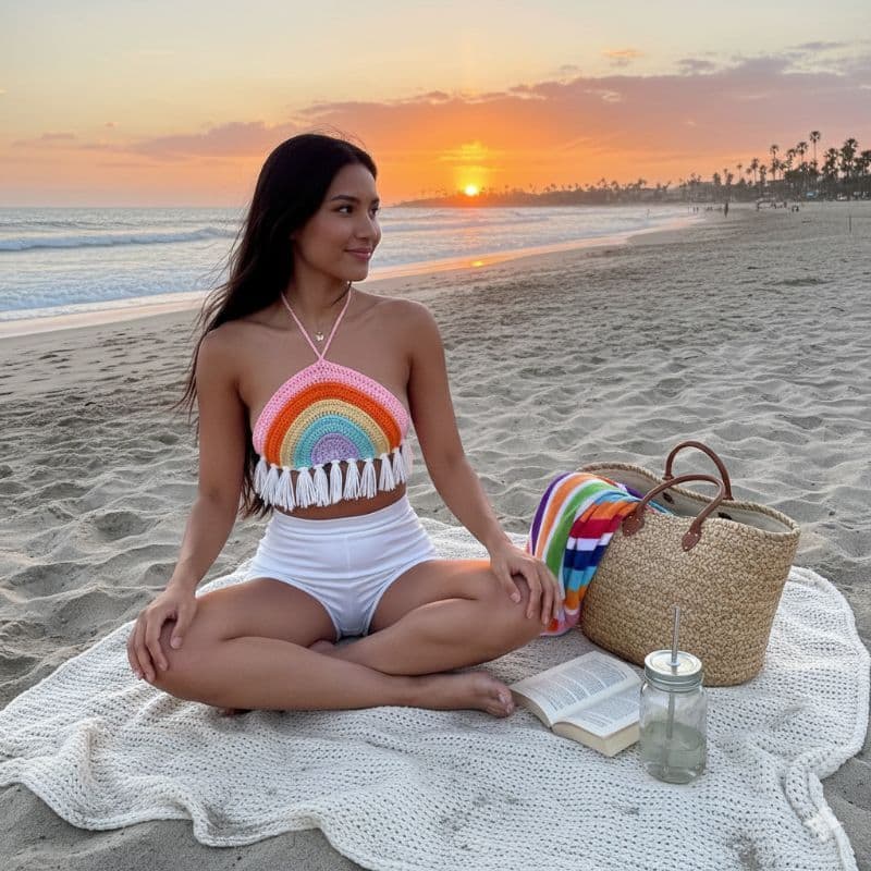 Top Arco-Íris em Crochê Feminino – Feito à Mão com Franjas | Moda Praia