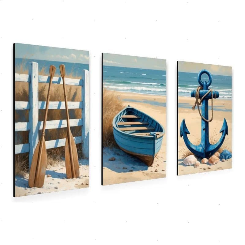 Kit 3 Quadros Decorativos Mar e Barcos 40x60cm MDF H.E.P Decore + Fita Dupla Face